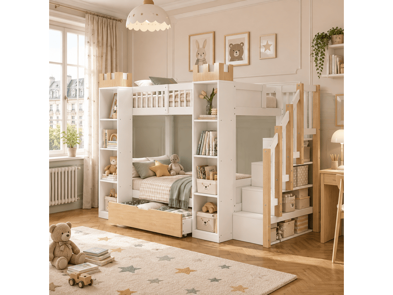  Lit superposé enfant château avec escalier de rangement 90x200 evryae  - Conforama B