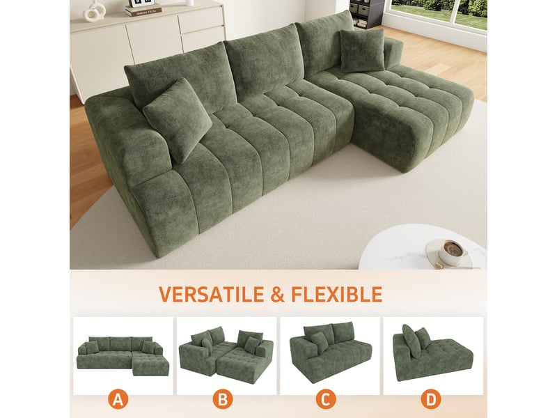  Canapé d'angle l-shape 244x136cm - modulaire sans montage - mousse haute densité - tissu chenille - assise profonde 51cm - capacité 250kg - vert BUYDEEMEUS - Conforama E
