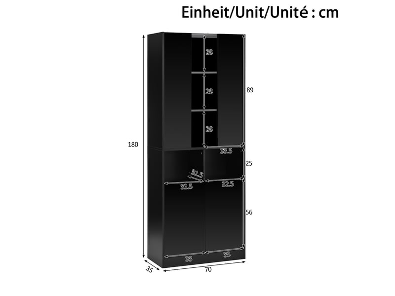  Armoire haute avec led pilotable par appli, 4 portes, 2 niches et étagère réglable en noir, 70 × 35 × 180 cm  - Conforama C