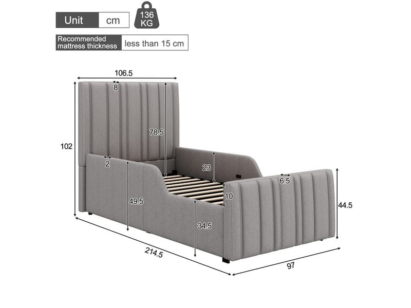  Lit enfant avec rangement hydraulique tête de lit rembourrée en lin gris  - Conforama E
