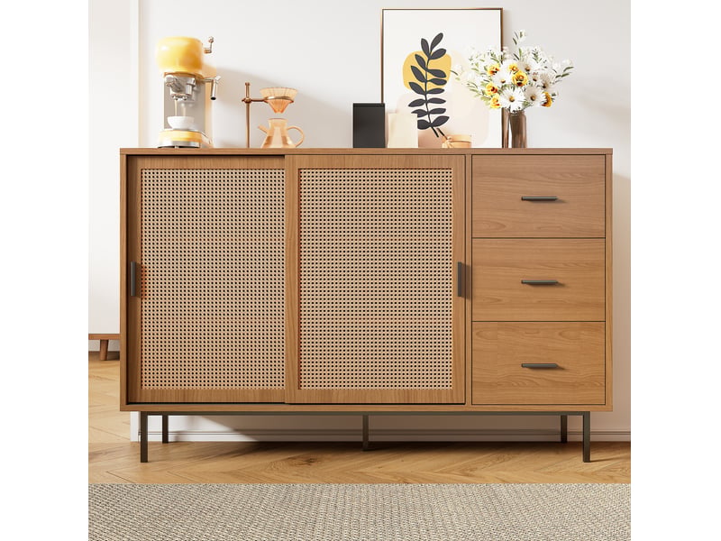  Buffet 140x37x91 cm avec 2 portes rotin 3 tiroirs tablettes réglables structure solide panneau de particules naturel  - Conforama R