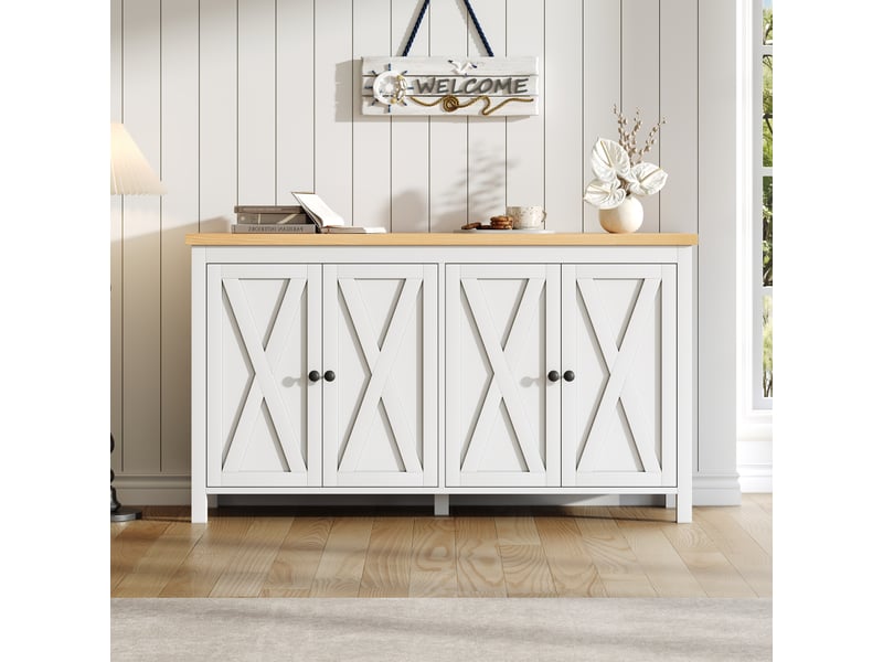  Buffet moderne blanc 4 portes en mdf avec poignées rondes noires 2 compartiments meuble de rangement salon salle à manger entrée 140 x 40 x 78 cm  - Conforama D
