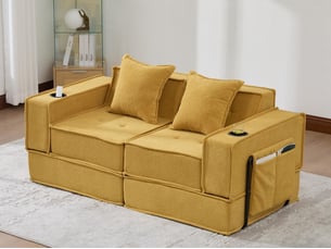 Canapé modulable 2 places convertible lit, mousse haute densité ergonomique, porte-gobelets, rangements, salon chambre bureau