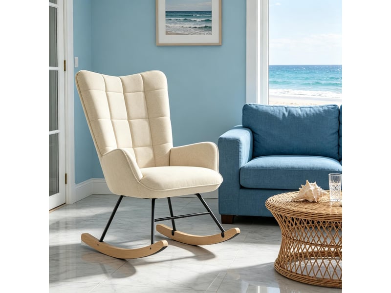  Rocking-chair ergonomique à haut dossier, assise en mousse et accoudoirs incurvés pour lecture, en velours beige  - Conforama C
