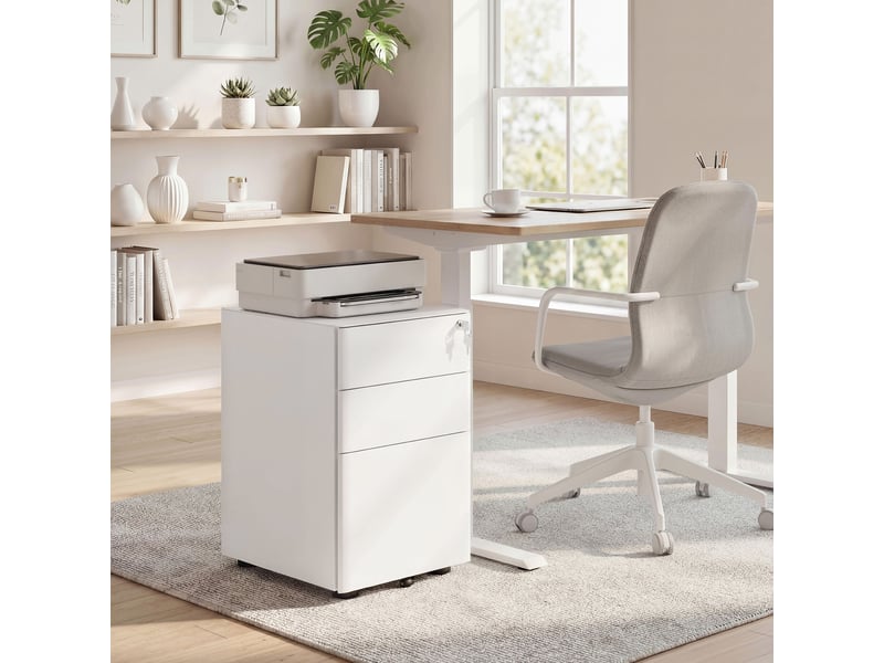  Commode de bureau en acier à 3 tiroirs avec serrure et roulettes, 39 x 48 x 59 cm, blanche  - Conforama C