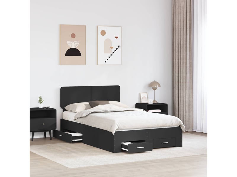  Lit adulte, lit semi-double, cadre de lit avec tiroir noir 135x190cm bois d'ingénierie cf4670  - Conforama C