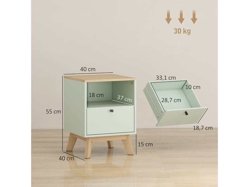 Lot de 2 tables de chevet, tables de nuit avec tiroir et compartiment ouvert, chêne et vert clair, 40 x 40 x 55 cm - Conforama C