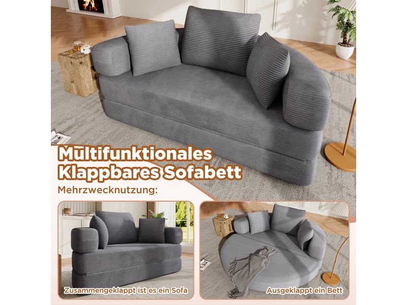 Canapé convertible 2 places en velours côtelé, 2-en-1, lit ovale 173×176 cm, sans montage, 3 coussins inclus - Conforama D