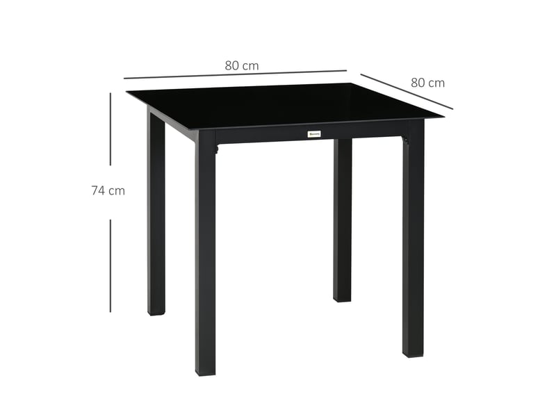 Table de jardin carrée 80x80x74 cm pour 4 personnes, plateau en verre trempé, métal noir - Conforama E