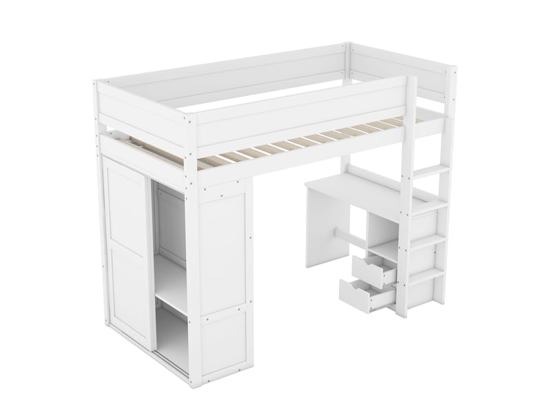  Lit mezzanine enfant 90 x 200cm avec armoire, bureau, étagères et 2 tiroirs blanc lit enfant blanc - Conforama D
