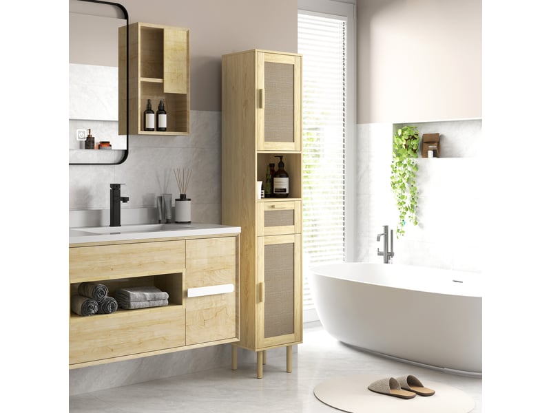 Meuble salle de bain colonne rangement salle de bain avec portes en rotin tiroir 2 placards chêne 32 x 30 x 170 cm - Conforama B