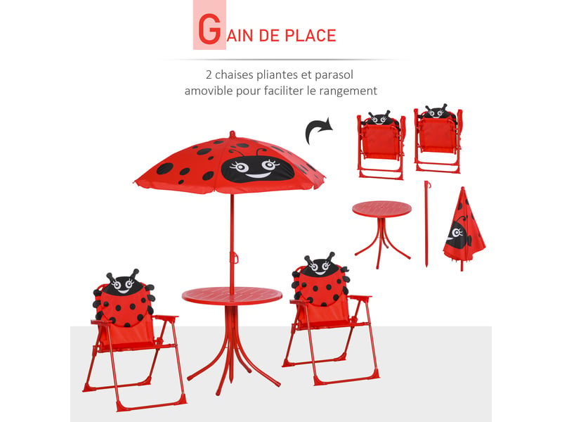  Ensemble salon de jardin enfant 4 pcs design coccinelle - table ronde + 2 chaises pliables + parasol - métal époxy oxford rouge  - Conforama E