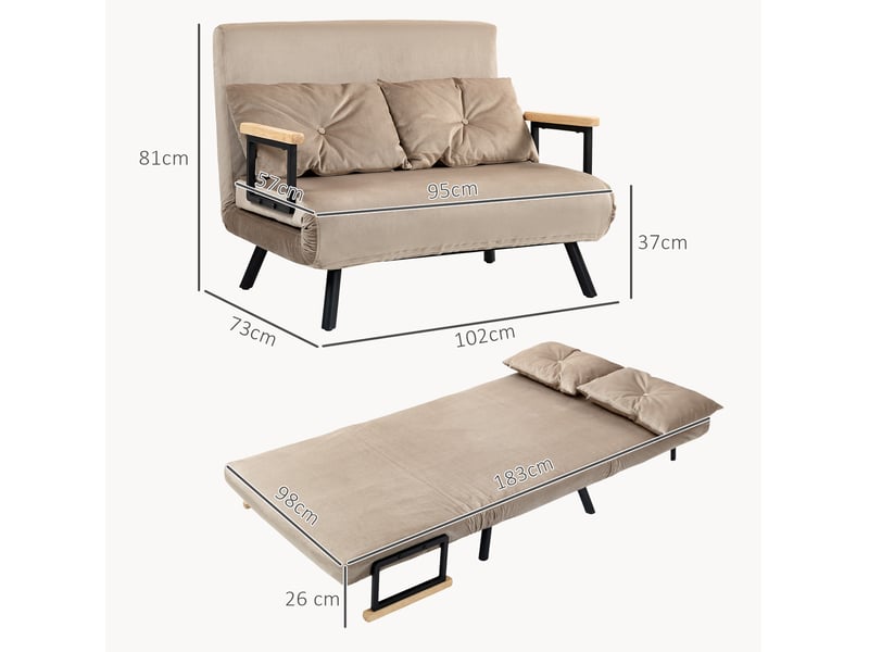  Canapé droit convertible 2 places en tissu effet velours marron clair, dossier réglable sur 5 positions, couchage 183 cm  - Conforama C