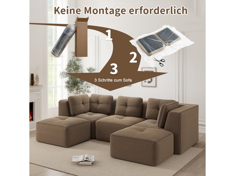  Canapé d'angle, canapé modulable — marron, 3 places, en velours tricoté, avec pouf, sans montage, assise profonde, sans cadre  - Conforama W