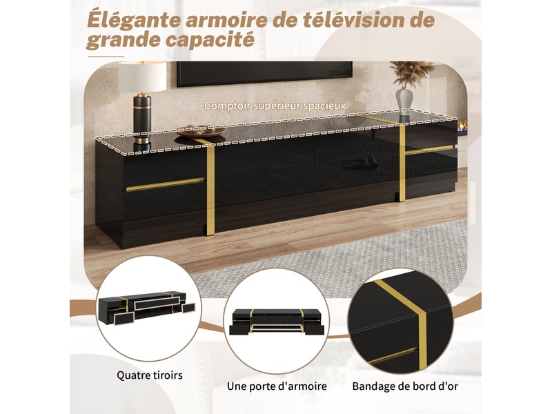 Meuble tv bas 180x40x38 cm avec 4 tiroirs et 2 portes, armoire de rangement, meuble de salon, style moderne, mdf noir  - Conforama D