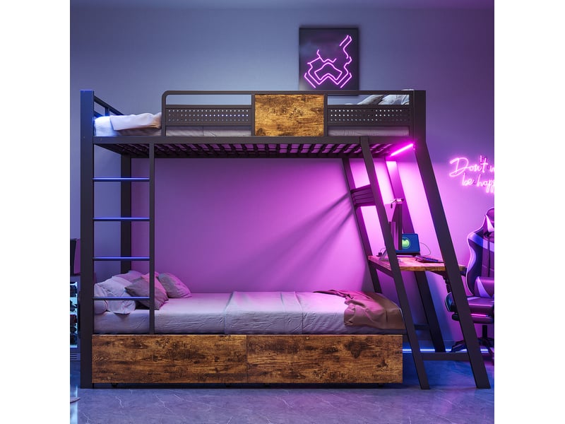  Lit superposé 90x200 cm, espace de rangement, avec bureau intégré, led et rangements, mdf et métal, noir, sans matelas  - Conforama D