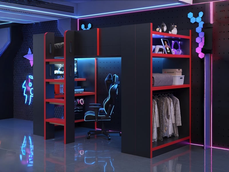  Lit mezzanine multifonction, 90 x 200 cm, avec bureau, étagère à plusieurs niveaux, portant à vêtements et prise électrique, noir et rouge  - Conforama B