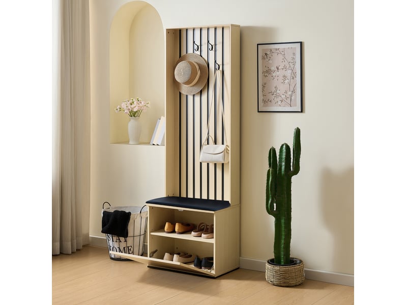  Meuble d'entrée avec 4 crochets, banc à coussin et rangement pour chaussures, en mdf effet bois, 61 × 35 × 179,5 cm  - Conforama B