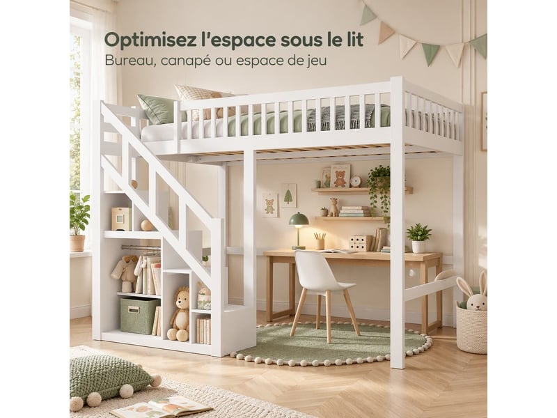  Lit mezzanine enfant 140x200 cm avec escalier de rangement, lit surélevé avec sommier et barrière, lit avec rangement, cadre de lit double, bois massif, blanc  - Conforama R