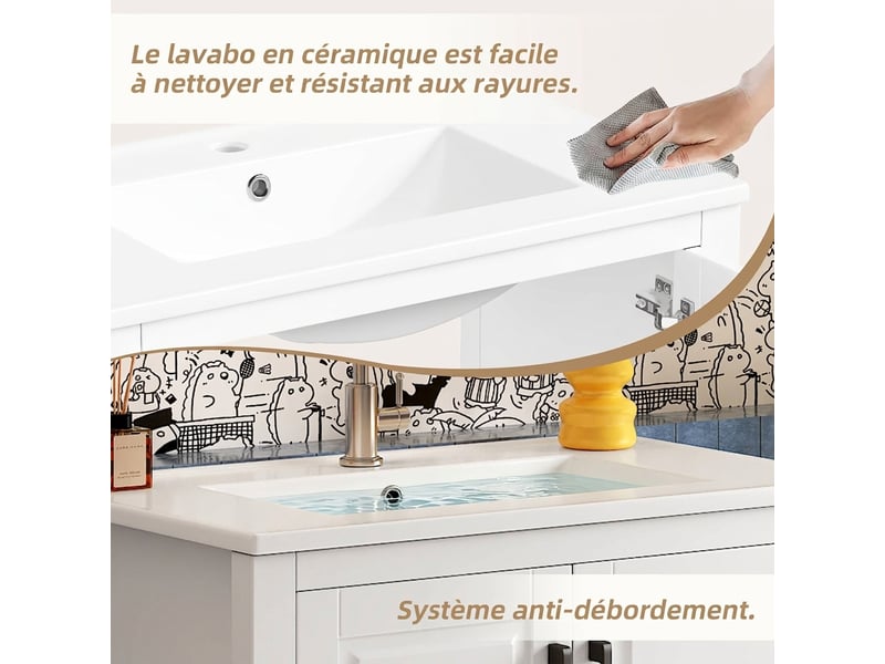  Meuble salle de bain sur pied 76x47x83 cm avec vasque en céramique intégrée et portes doubles blanc  - Conforama C