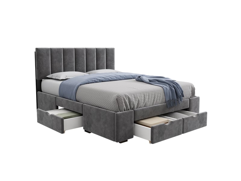  Lit double capitonné 140x200 cm velours gris - tête rembourrée et 4 tiroirs de rangement  - Conforama A