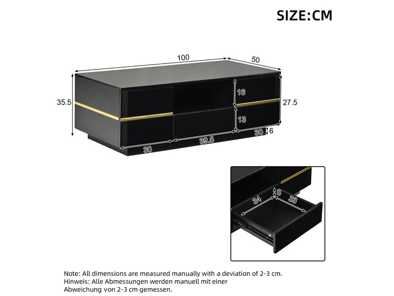  Table basse moderne 100x50x35,5 cm – noir et doré – led, 2 portes, tiroir et rangement ouvert  - Conforama C