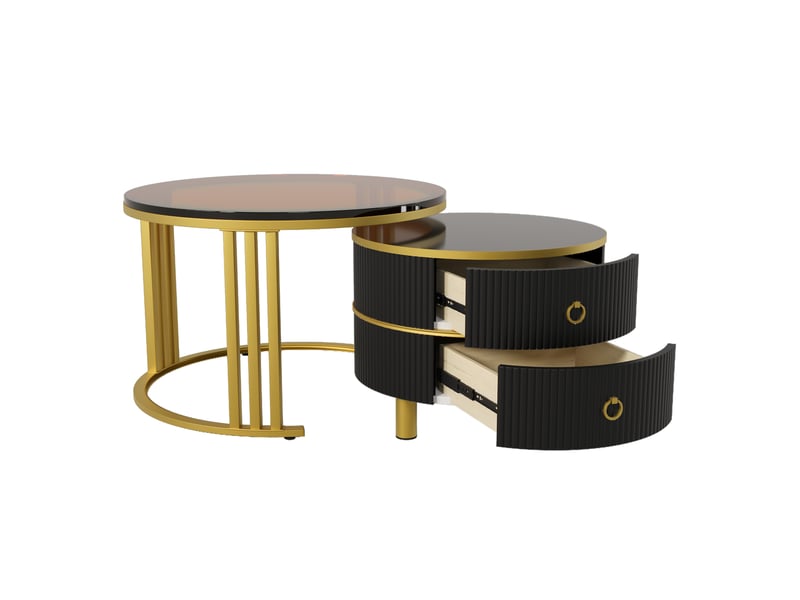  Ensemble de deux tables basses rondes avec 2 tiroirs, 70 x 70 x 45 et 50 x 50 x 40 cm, noir et doré  - Conforama R