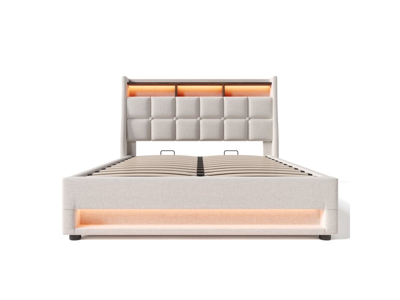  Modenvie lit coffre 140x200 cm - avec rangement, led et ports usb, matelas inclus - beige  - Conforama A