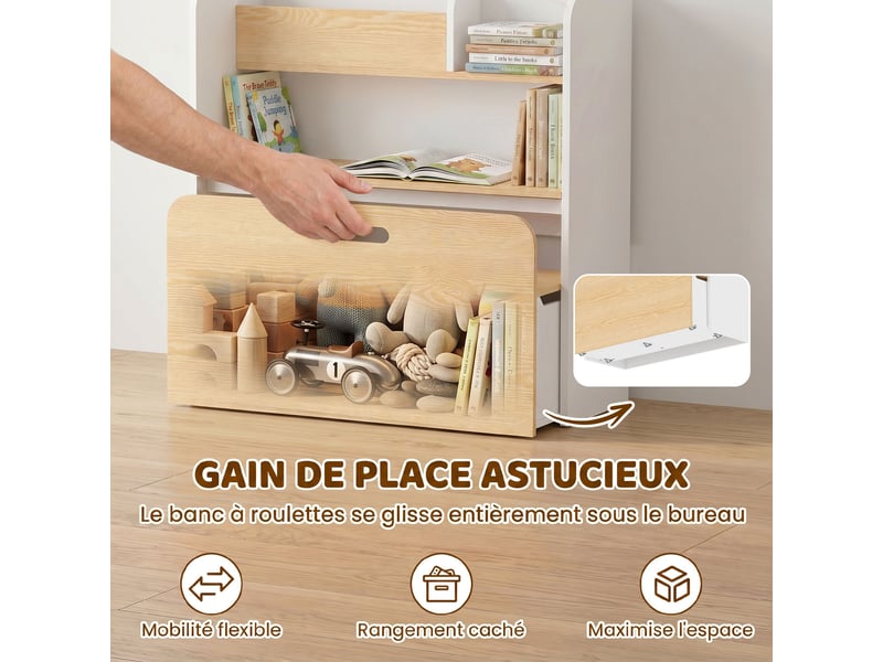  Bureau enfant 5 en 1 blanc avec bibliothèque et banc roulant, 3 à 8 ans  - Conforama W