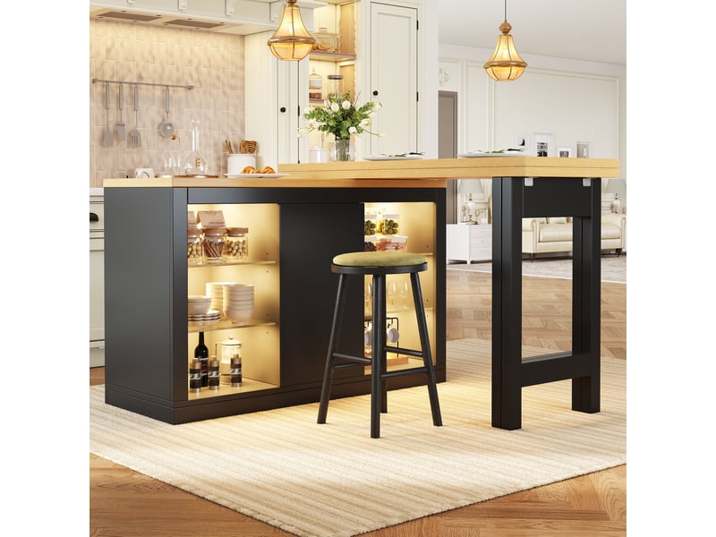 Table îlot de cuisine extensible 120x40x72 cm, rotation 360° et led rgb contrôlable par application, mdf, noir et bois clair - Conforama E