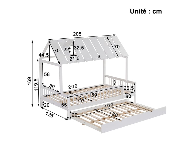 Lit gigogne 120x200 cm - lit gigogne cabane enfant avec tiroirs et rangement, toit cheminée et protection anti-chute, mdf blanc - sans matelas - Conforama C