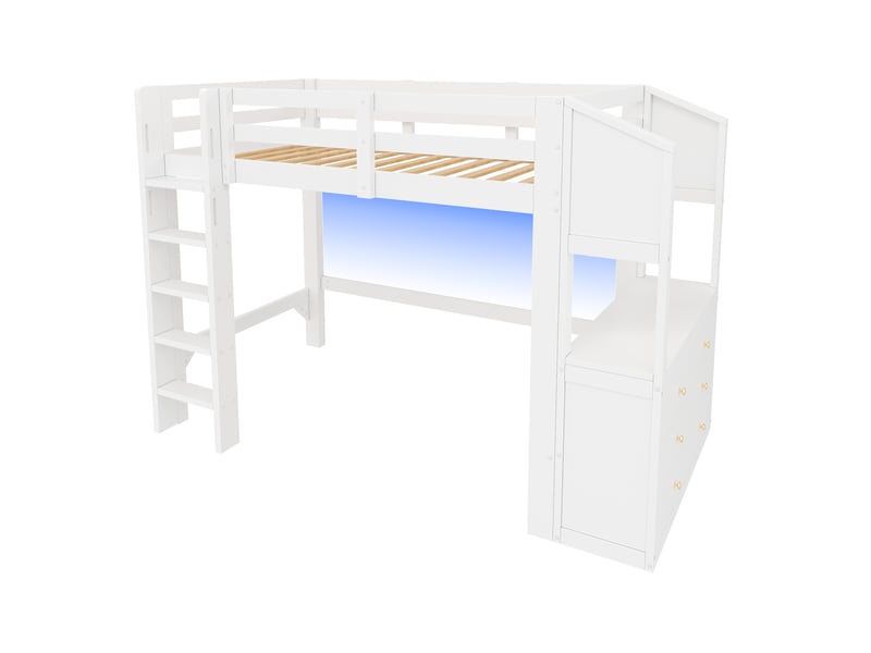  Lit mezzanine blanc 90x200 cm en pin et mdf, 6 tiroirs, étagères de rangement et éclairage led sous le couchage  - Conforama E