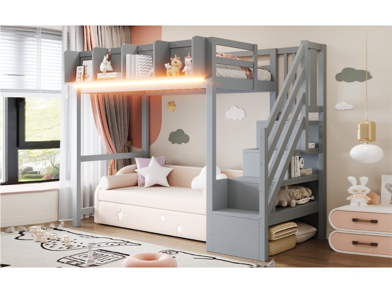  Lit mezzanine 90x200 cm, lit enfant, rangement, étagères, échelle sécurisée, barrière antichute, led, bois gris  - Conforama R