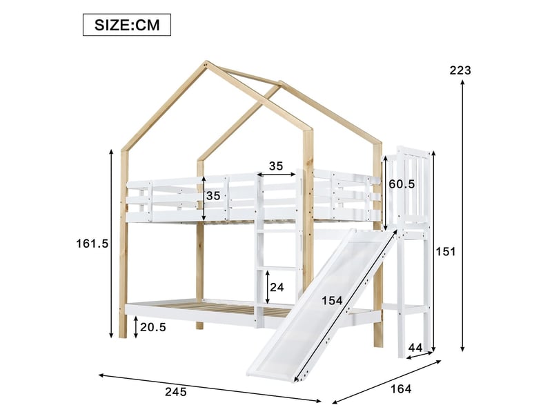  Lit superposé enfant 90x200, design cabane lit superposé cabane, toboggan, rangement, bois massif  - Conforama C
