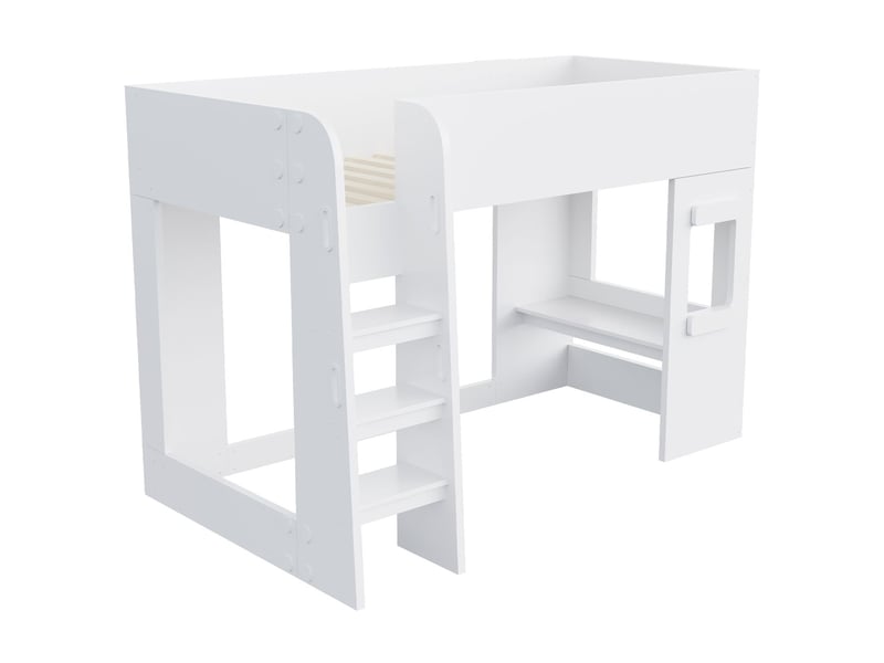  Lit mezzanine avec bureau 90 x 200 cm éclairage led lit simple structure en bois petit bureau intégré barrière de sécurité haute finition blanche  - Conforama A
