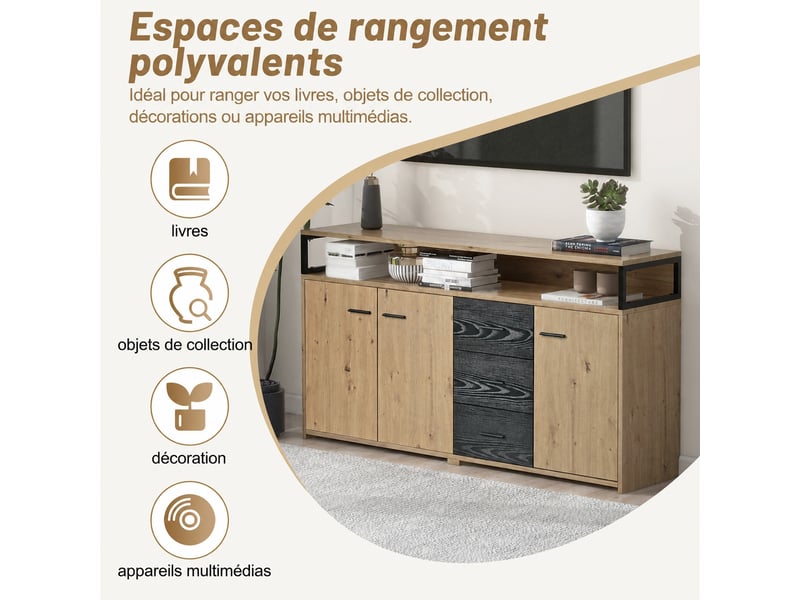  Buffet industriel 3 portes et 3 tiroirs 150x35x75.9 cm noir et bois  - Conforama W