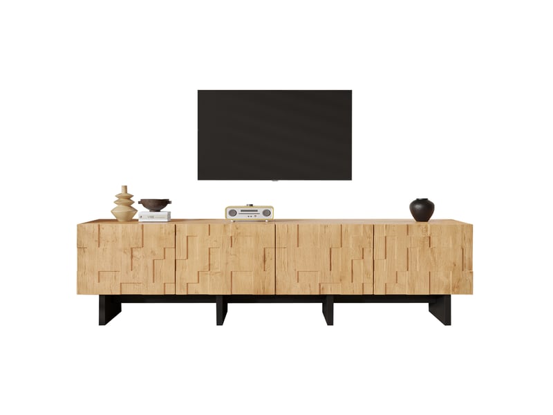  Meuble tv 180 cm avec 4 portes, coloris bois naturel, mdf et panneau de particules  - Conforama A