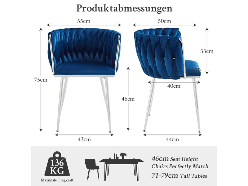  Lot de 2 chaises de salle à manger 55 x 48 x 75 cm – bleu marine – velours et pieds métalliques argentés  - Conforama C