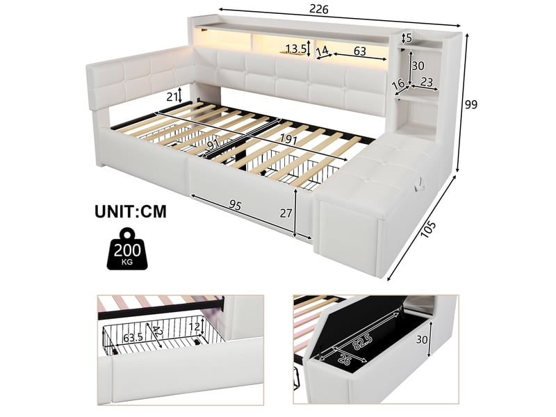 Lit enfant 90x190 cm, 2 tiroirs de rangement, pouf-coffre, led multicolore, port usb-c, en velours blanc, sans matelas - Conforama C