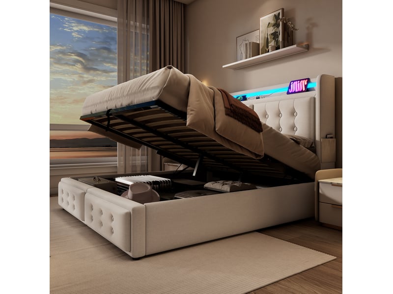  Lit coffre 180 x 200 cm beige avec tête de lit led, prises usb et usb-c  - Conforama D