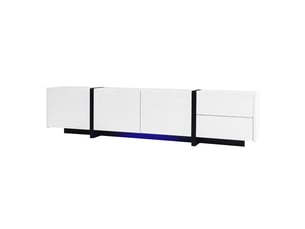 Meuble tv blanc et noir 170 cm laqué avec pieds noirs, 3 portes et 1 tiroir pour salon