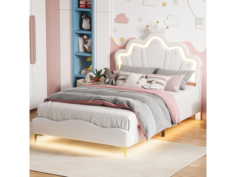  Lit 140x190cm - lit enfant 140x190 - lit double rembourré avec tête de lit couronne, led rgb - moderne - en similicuir pu blanc  - Conforama C