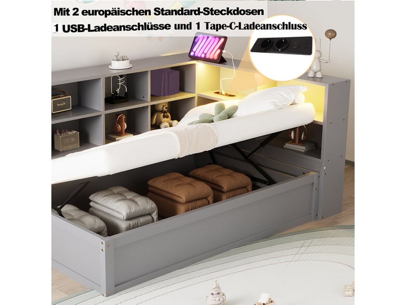 Lit banquette 90x200 cm – gris – rangement hydraulique, led pilotables et prise multifonction – sans matelas - Conforama E