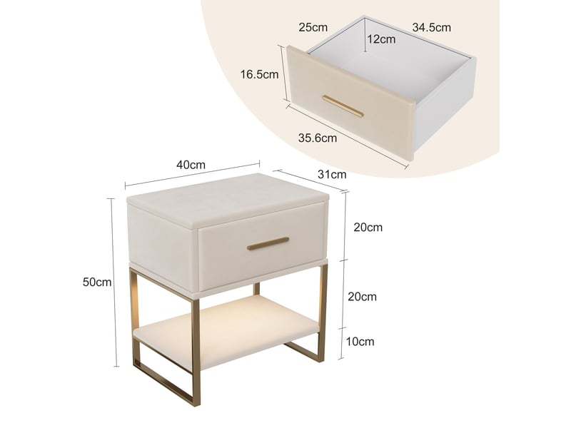 Lot de 2 tables de chevet, 40x31x50cm, avec tiroir et led, en velours et métal, style moderne, beige - Conforama E