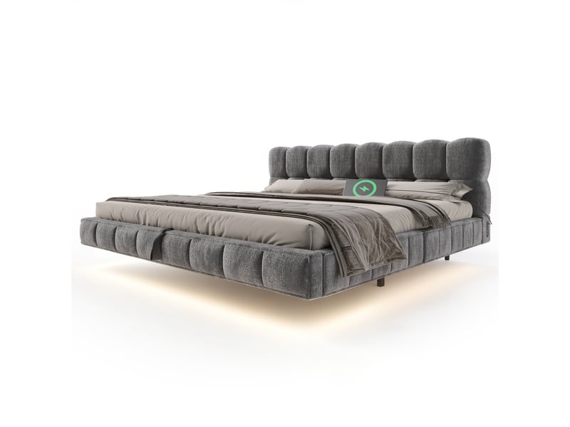  Lit coffre 140x190 cm lit rembourré  avec effet suspendu, tête de lit confortable, éclairage led et ports usb, rangement hydraulique, chenille gris Morn Vibe - Conforama A