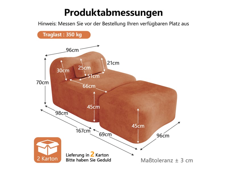 Canapé modulaire 1 place sans structure intérieure avec pouf, dossier ondulé et coussin mobile en velours orange  - Conforama C