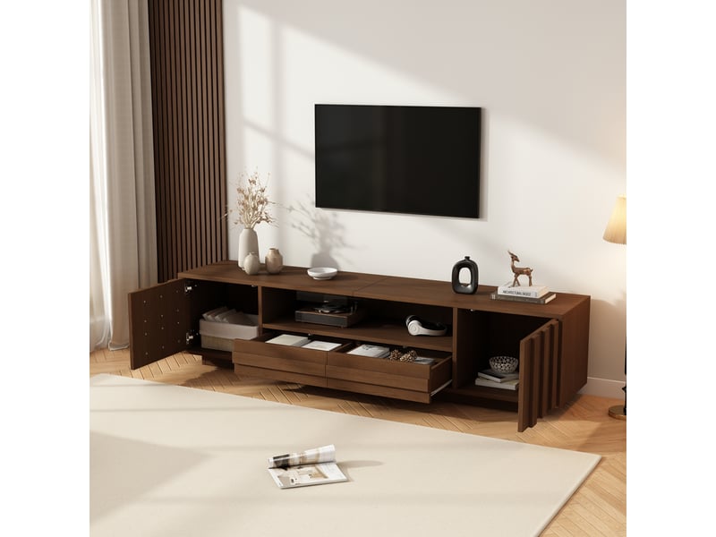  Meuble tv 180x40x45 cm - pour écran jusqu’à 75 pouces - 2 portes, 2 tiroirs et niche - mdf et panneaux de particules - noyer CozyNest - Conforama E