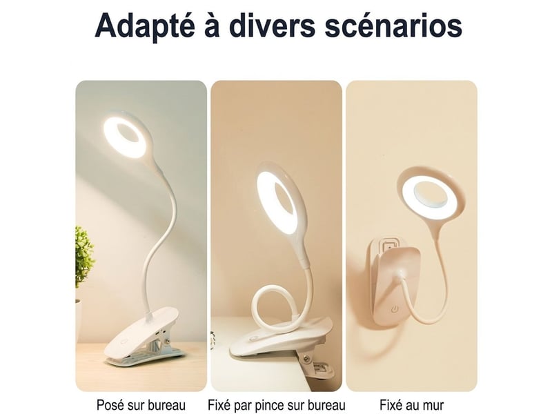  Lampe à pince led 5w rechargeable usb – lampe de bureau et de lecture flexible 360° tactile, 3 températures de couleur et intensité variable – blanc  - Conforama B