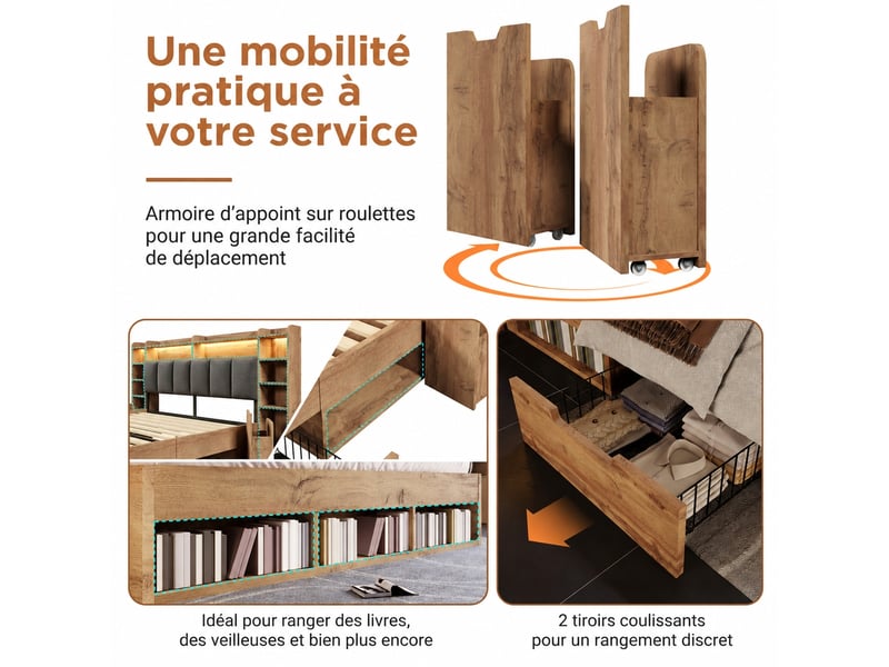 Lit double 160x200 cm avec tiroirs, led, usb et usb-c, couleur chêne - Conforama E