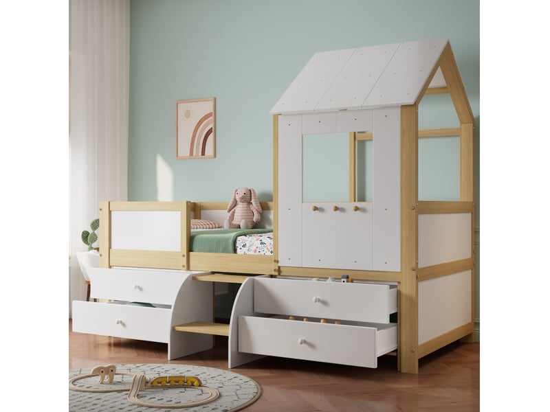 Lit enfant 90x200 cm, sommier, forme maison, garde-corps, tiroirs, bois, coloris blanc+naturel, sans matelas - Conforama E